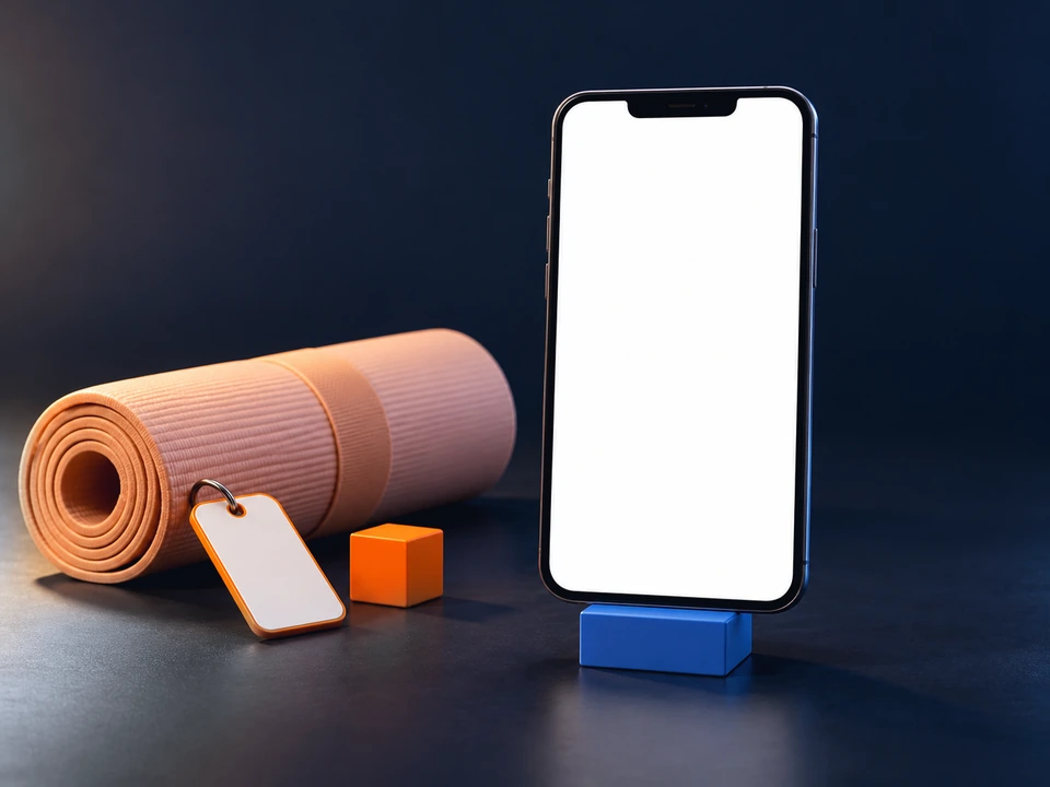A phone standing on a blue block beside a rolled yoga mat, showing a class booking app with a day picker, three classes and a membership ring.