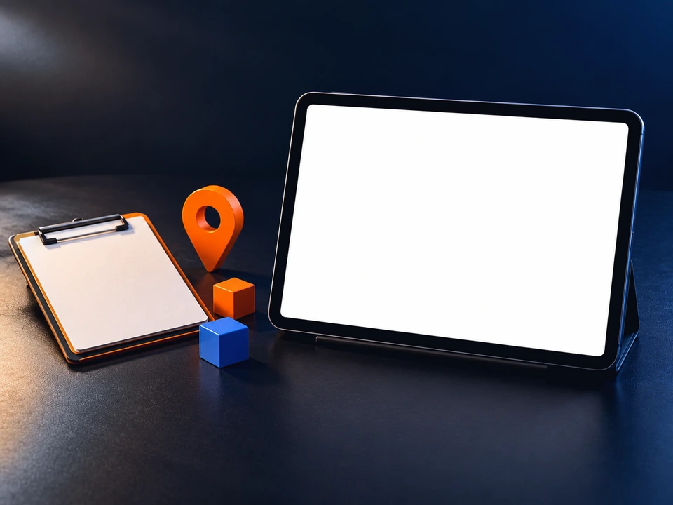 A tablet on a dark desk showing a dispatch board with today's jobs, a week planner and a route, beside a blank work order and a map pin.